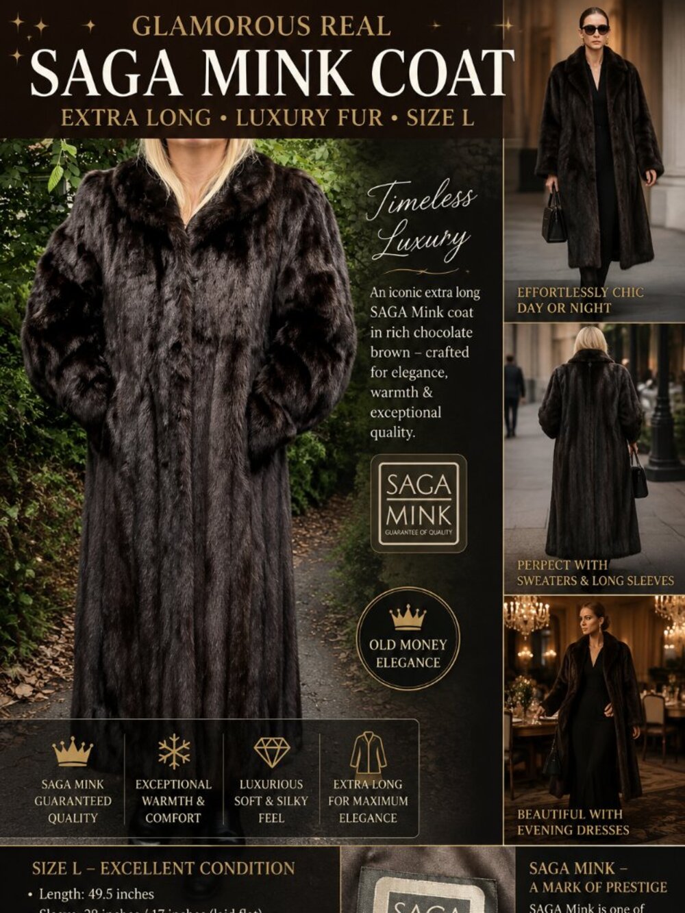 LUXURIOUS REAL SAGA MINK COAT EXTRA LONG CHOCOLATE BROWN FUR SIZE L Excellent